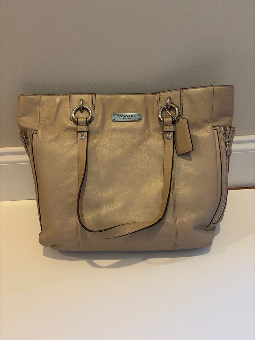 Coach Neutral Beige Leather Tote with Polished Logo Plaque and silver hardware